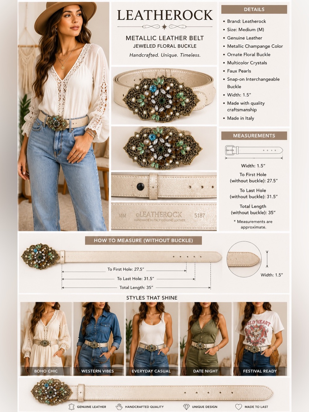 Leatherock Champagne Leather Statement Belt Jeweled Floral Buckle Women's M